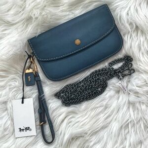 NWT Coach Wristlet/Clutch Blue and Gunmetal Chain Strap